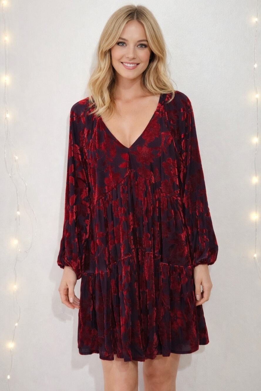 NWT TAYLOR Babydoll Velvet Burnout Dress 12 Burgundy Purple Whimsigoth Floral